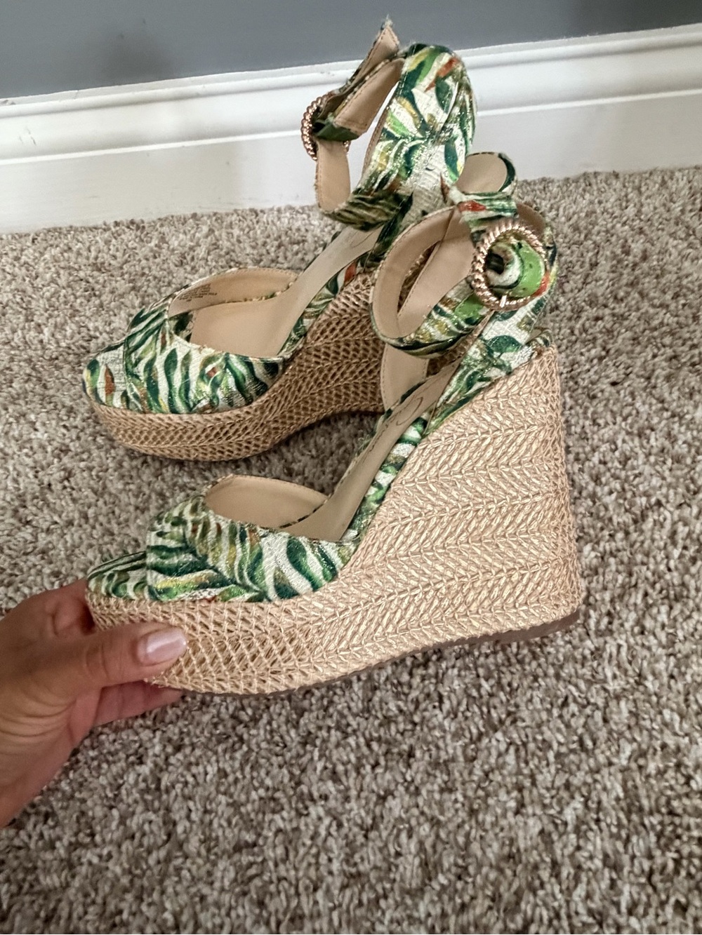 Jessica Simpson Green Leaf-Print Wedge Sandals with Ankle Strap - Picture 3 of 6